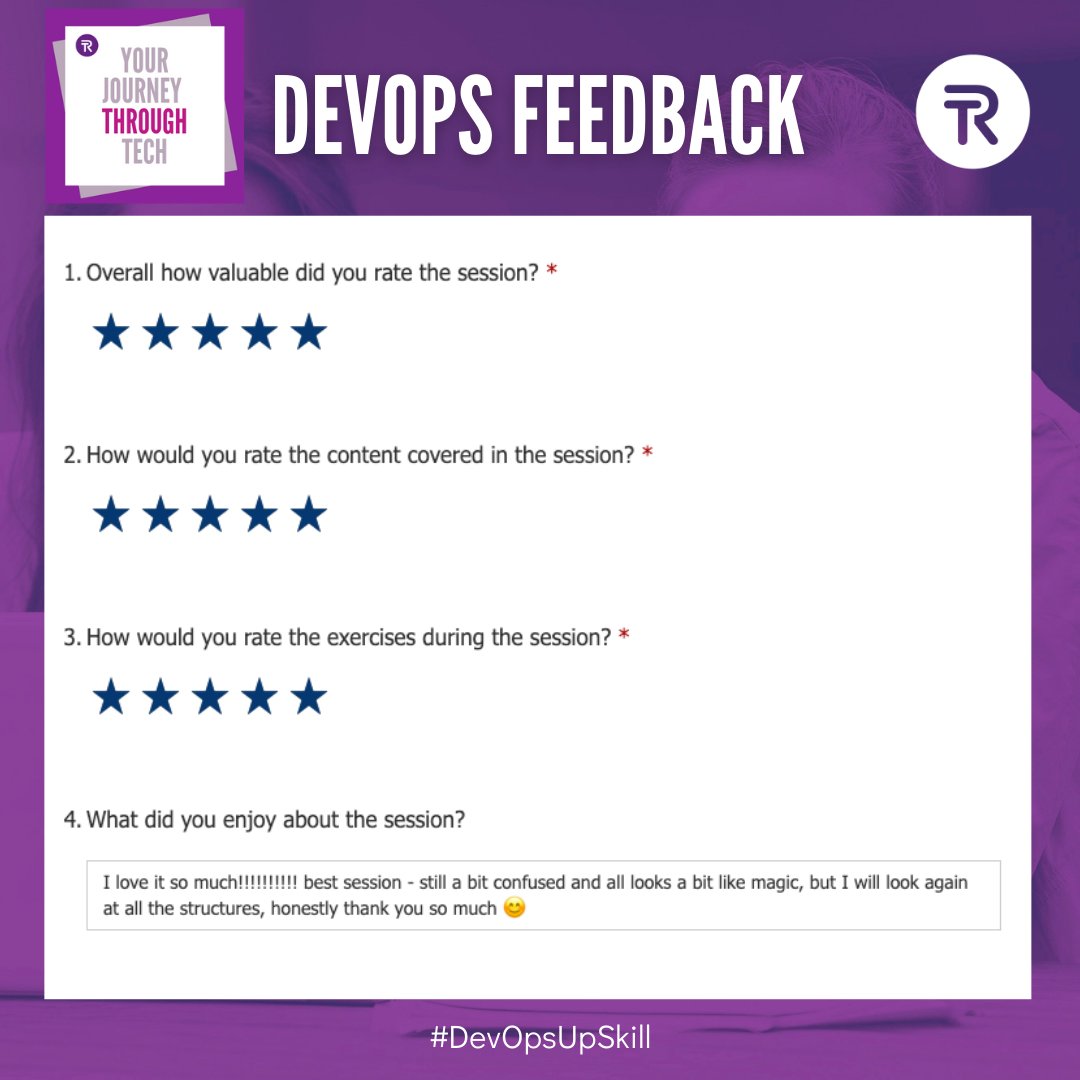 techreturners's tweet image. The latest feedback from session four of our DevOps Up-Skill #DevOps

Are you a business interested in up-skilling your tech team in DevOps? 
Register your interest for our next programme 💬🚀
💡 loom.ly/SmFfKnY 

#DevOpsUpSkill