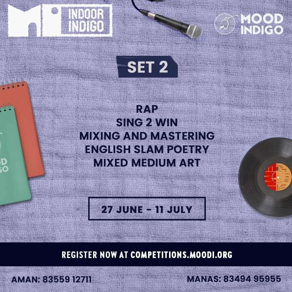 iitb_moodi's tweet photo. Mood Indigo is back with another edition of online competitions at Indoor Indigo catering to multiple genres.
Register now at https://t.co/URi5iiFL28
#indoorindigo #moodindigo #dance #music #modelling #photography #poetry #rap #writing #quarantinecreative #goldenjubilee #hiphop https://t.co/TAAZP82nKJ