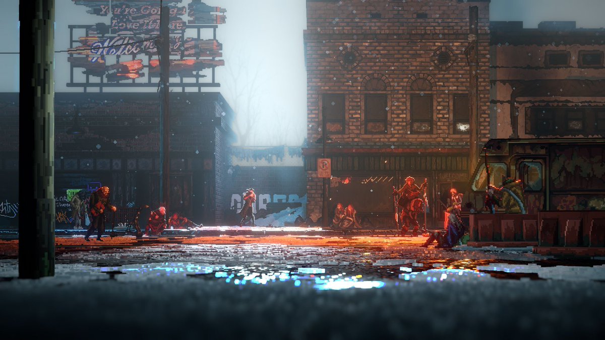 Side view of player character walking past a brick wall covered in graffiti and buildings with boarded up windows. There are people all around, some huddled in groups, some sat on the ground, hunched over. There is a broken sign on top of a building above which says 'You're Going to Love it Here'. and ahead of the character is a broken down old van. There are reflections in the puddles on the ground and bare trees in the distance. The sky is white and bright.