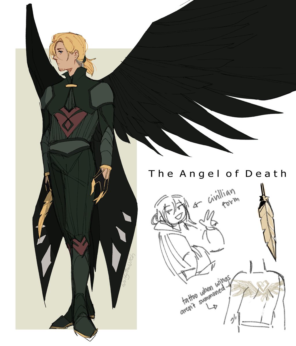 // Farewell Wanderlust (AU)

The Angel of Death

Status: rogue 

Former alias: Crowfather 

Abilities: Flight. Plucked feathers turns gold, doubling as daggers or throwing knives. 

#philzafanart 