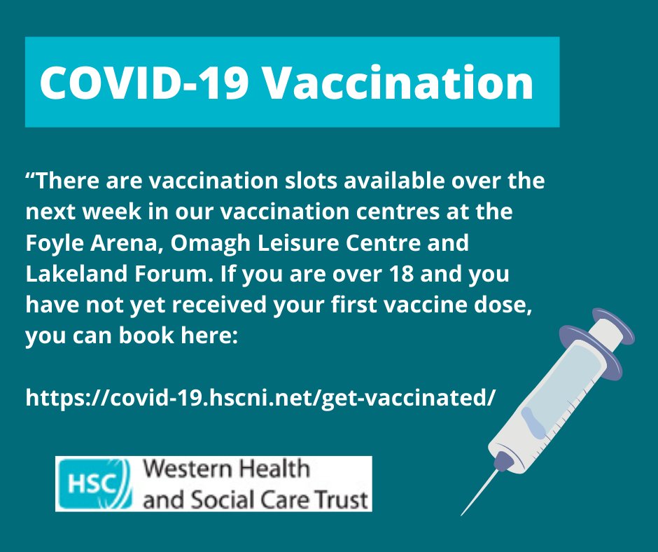 If you haven't got your vaccine yet, there are slots available this week in the Western Trust vaccination centres 💉📅

Getting the vaccine helps bring us closer to enjoying concerts and holidays again 🥳☀️

Click the link and book a slot now 👉
covid-19.hscni.net/get-vaccinated/