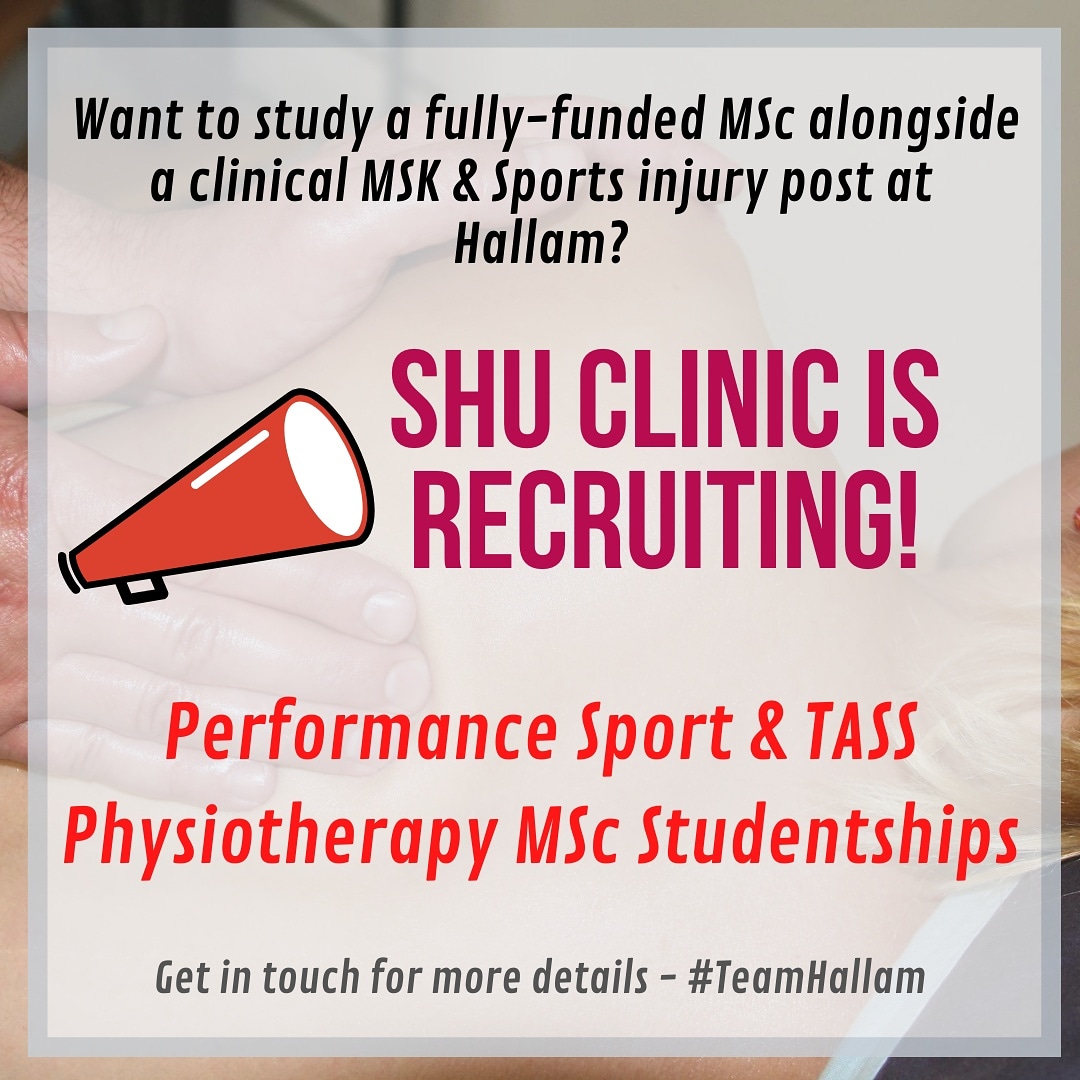 Sheffield Hallam University Physio Clinic (@physioclinicshu) on Twitter photo Performance Sport Physiotherapist - MSc Studentship post now open.
Study a fully-funded MSc at <a href="/sheffhallamuni/">Sheffield Hallam University</a> alongside a part-time clinical role.
➡️ Follow link for details and how to apply physiosinsport.org/news/?p=4886
Must be HCPC & CSP registered. Min. 2 years MSK exp. req. Performance Sport Physiotherapist - MSc Studentship post now open.
Study a fully-funded MSc at <a href="/sheffhallamuni/">Sheffield Hallam University</a> alongside a part-time clinical role.
➡️ Follow link for details and how to apply physiosinsport.org/news/?p=4886
Must be HCPC & CSP registered. Min. 2 years MSK exp. req.