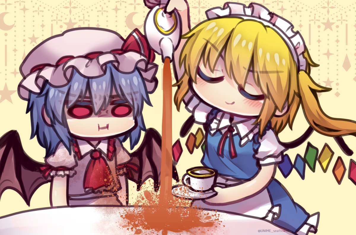 flandre scarlet ,remilia scarlet multiple girls wings 2girls teacup cup maid blonde hair  illustration images