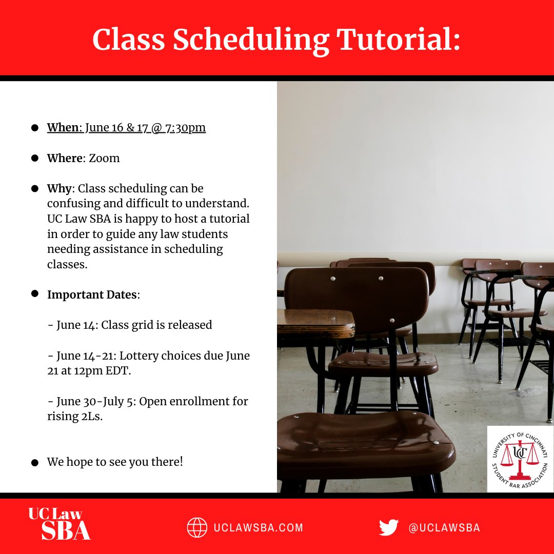 June 16 &amp; 17 @ 7:30pm: Join UC Law SBA for a detailed step-by-step tutorial on how to register for classes this Fall 2021 semester.  This tutorial is designed for incoming 2Ls and transfer students, but all are welcome.

Zoom links provided by email to students.