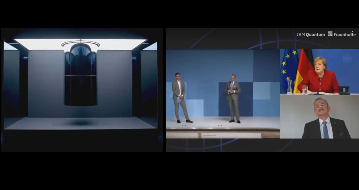 Der Vorhang ist gefallen: Bundeskanzlerin Dr. Angela #Merkel, Fraunhofer-Präsident Prof. Reimund #Neugebauer und Martin Jetter, Chairman #IBM Europe, Middle East &amp; Africa, haben den #Quantencomputer enthüllt und wichtige Fragen im #Quantencomputing Q&amp;A diskutiert. #IBMQuantum