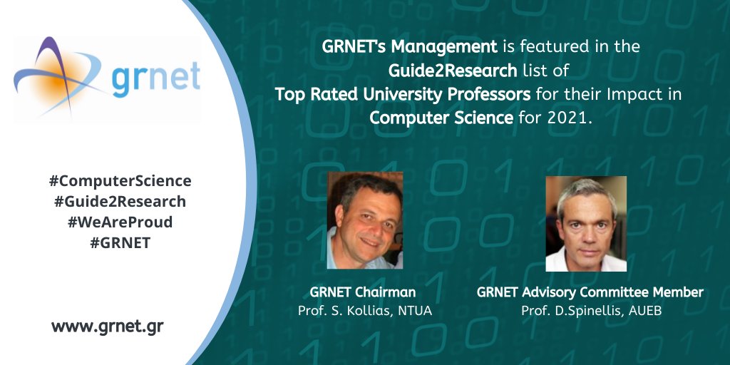grnet_gr's tweet photo. #GRNET’s Management, the Chairman of the Board and a Member of the Advisory Committee are included in the list of the 21 Top Rated University Professors in #Greece for their Impact in #ComputerScience for 2021 according to #Guide2Research.

Read more: 
👉https://t.co/rDMjsEz6Wf https://t.co/m6q3Zqf8rp