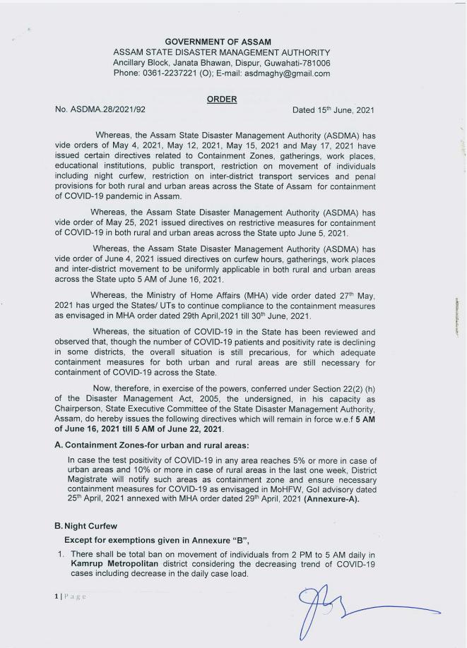 sdma_assam's tweet photo. IMPORTANT UPDATE 👇

The following directives will remain in force w.e.f 5 AM of June 16 till 5 AM of June 22, 2021. 

#Assam #Guwahati #Guidelines #COVID19 #Coronavirus https://t.co/J7c6SQCTJu