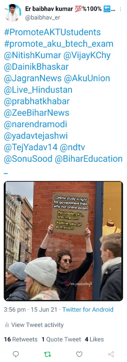 Manish57303570's tweet photo. #online_aku_btech_exam
Bihar engineering pe v dhayan de koi
#promote_aku_bihar_btech_exam 
#online_aku_btech_exam 
@akuexam 
@NitishKumar
@narendramodi
@PMOIndia
@BiharEducation_ 
@EduMinOfIndia

@TejYadav14
@yadavtejashwi
@ZeeBiharNews
@htTweets
@ravishndtv
@BiharHealthDept https://t.co/GWXYP7KilJ