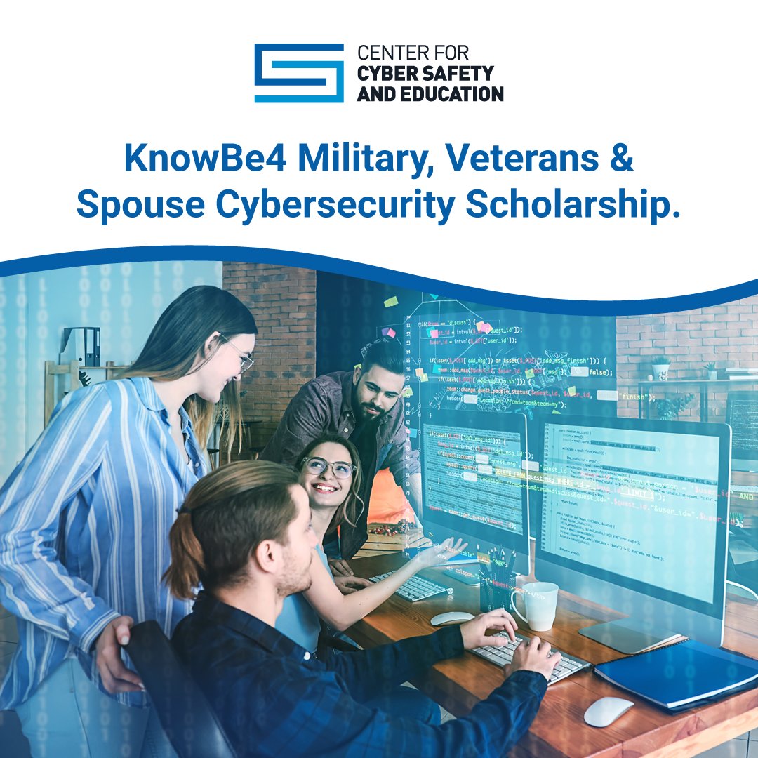 iamcybersafe's tweet photo. Our KnowBe4 Military, Veterans &amp; Spouse Cybersecurity #Scholarship application opened!
The deadline is 8/30/2021! 📘📝🧑‍🎓👇 https://t.co/tjqfVDVguf

#cybersecurityeducation #college #gradschool #cyberprofessional #isc2 https://t.co/l5pGUnfOxT