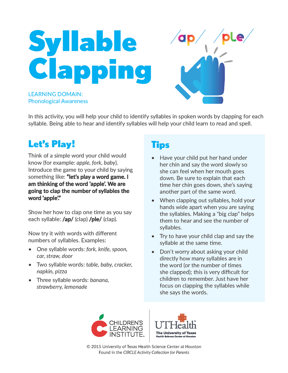 DPCDSB_SLP's tweet photo. Phonological awareness involves a continuum of skills that develop over time &amp; are crucial for reading &amp; spelling success 📘✍️. Identifying syllables is one component. Check out this handout by @UTHealth for more info on syllables. #SLPTips #phonologicalawareness #syllables https://t.co/WPaE7ACVDD
