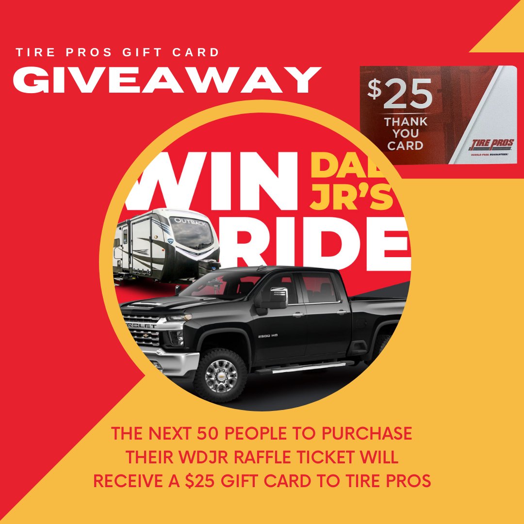 tdjf's tweet photo. Today is the LAST DAY to get your Win Dale Jr.'s Ride raffle ticket! The next 50 people to purchase their tickets will be sent a $25 @tirepros gift card.
Get your #WDJR ticket here: https://t.co/BWDOnOHQSz https://t.co/GQ7HNnQwNB