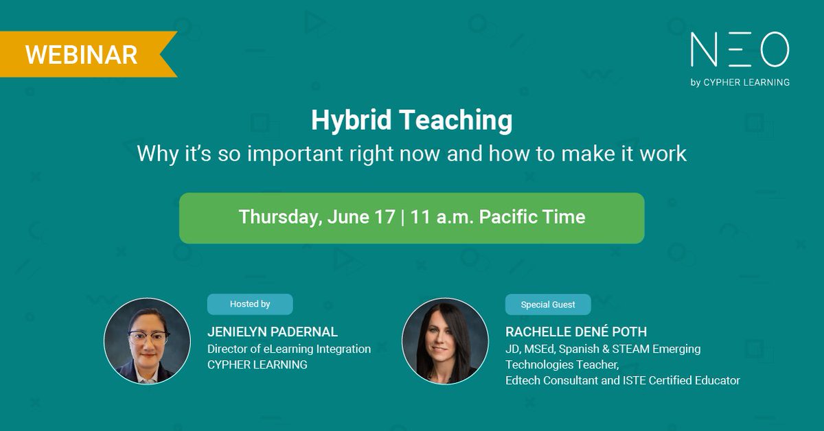 Rdene915's tweet photo. Join @jen_padernal and @Rdene915  on Thursday for this discussion about hybrid teaching w/ @neolms #education #edtech #k12 #edutwitter #isteten @iste https://t.co/oSrMpEVk0q https://t.co/9YoXjB8ymb