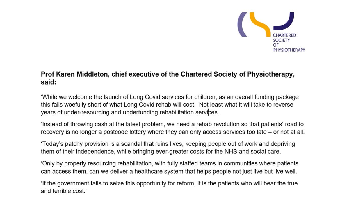 Chartered Society of Physiotherapy (CSP) (@thecsp) on Twitter photo 'While we welcome the launch of Long COVID services for children... this funding falls woefully short of what Long Covid rehab will cost.'
<a href="/NHSEngland/">NHS England</a> announce £100m funding for Long Covid recovery - tinyurl.com/esnj8tj8. Read our reaction below. 'While we welcome the launch of Long COVID services for children... this funding falls woefully short of what Long Covid rehab will cost.'
<a href="/NHSEngland/">NHS England</a> announce £100m funding for Long Covid recovery - tinyurl.com/esnj8tj8. Read our reaction below.