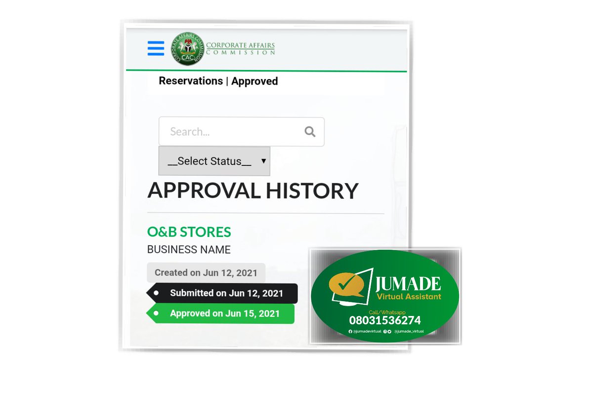 JumadeVirtual's tweet photo. Name Reservation for O&amp;B STORES Approved. 
DM, let's get your business registered. 

#JumadeVirtual https://t.co/EhnsUICxOp