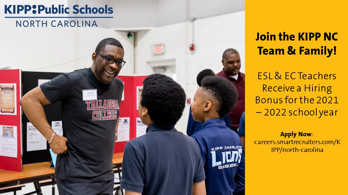 KIPPCharlotte's tweet image. “For the 2021 – 2022 school year, we looking for passionate, anti-racist teachers to join our Team and Family.  If you’re ready for the best next step in your career, apply now: bit.ly/3iGDmgi