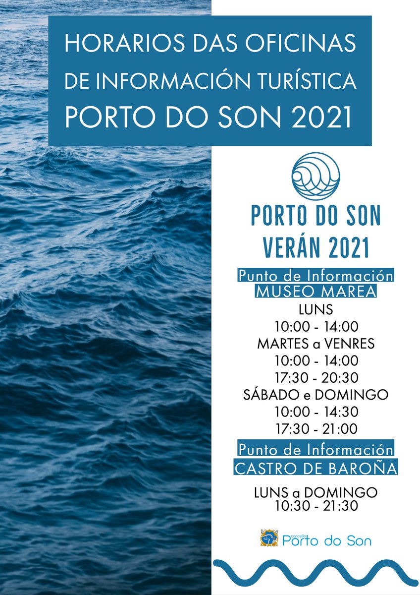conportodoson's tweet photo. 🌀 𝗛𝗢𝗥𝗔𝗥𝗜𝗢𝗦 ℹ️ 𝗜𝗡𝗙𝗢𝗥𝗠𝗔𝗖𝗜𝗢́𝗡 𝗧𝗨𝗥𝗜́𝗦𝗧𝗜𝗖𝗔 𝗗𝗘 𝗣𝗢𝗥𝗧𝗢 𝗗𝗢 𝗦𝗢𝗡 🌀
☀️ Horarios do 23 de XUÑO ao 5 de SETEMBRO ☀️

#PortoDoSon 🌞 #PortoDoSonVerán2021
#Información #Turismo #MuseoMarea #CastroDeBaroña #InfinitamenteNatural https://t.co/jEMVkrp23O