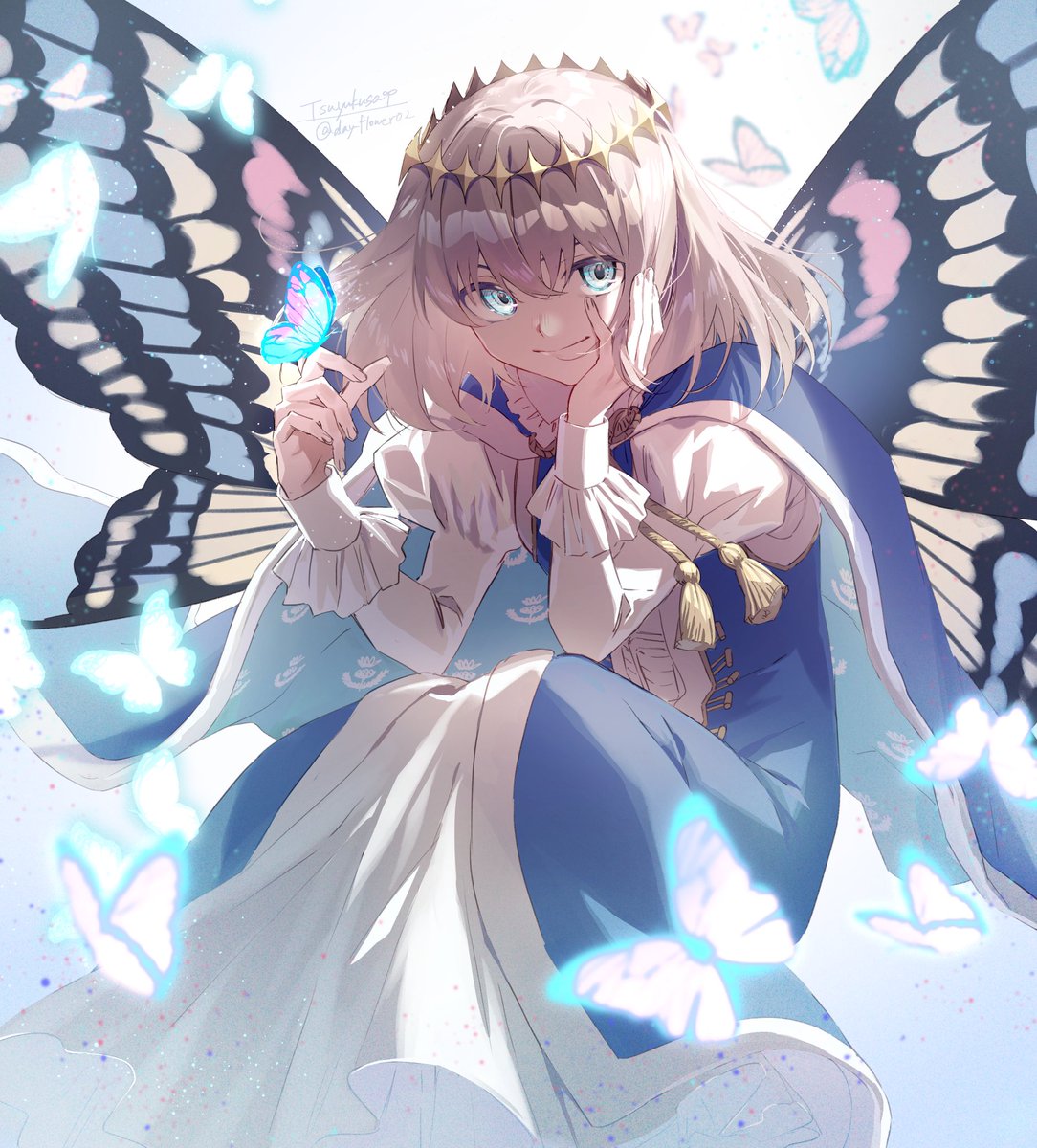 oberon (fate) 1boy bug butterfly male focus butterfly wings wings blue eyes  illustration images