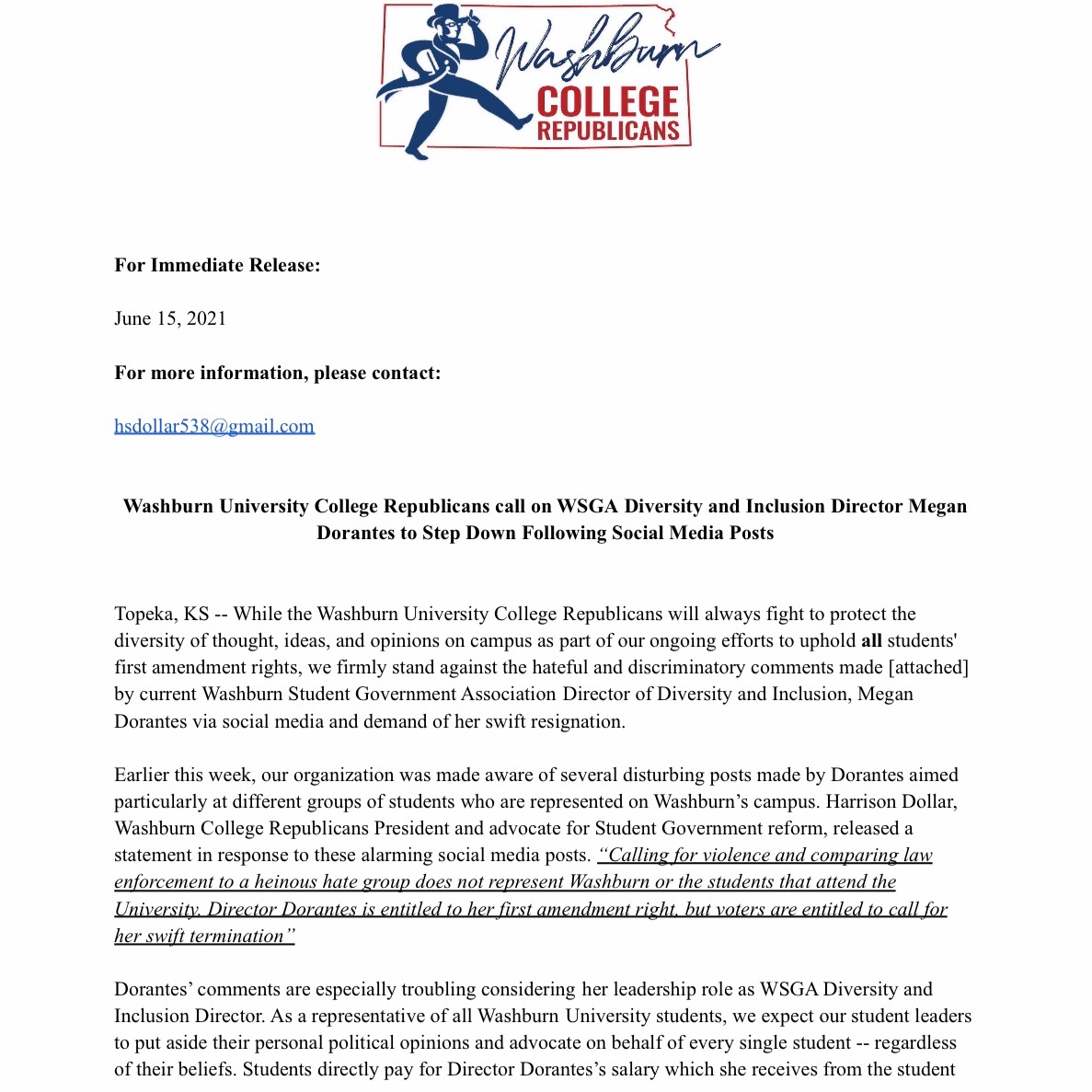 WUCollegeGOP's tweet photo. The Washburn College Republicans call for the swift resignation of Diversity and Inclusion director Megan Dorantes for her comments that promote hate and violence. @yourWSGA https://t.co/5MqKcnR8Ri