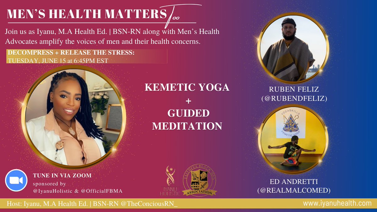 IyanuEvolved's tweet photo. Today, Tuesday, June 15
is Day 2 of Men’s Health Matters Too
Join @RealMalcomEd & @RubenDFeliz as we kick off the activity portion of Men’s Health Week with Guided Meditation and Yoga starting at 6:45pm EST
Click this link to sign up https://t.co/ZC8q3fws2N
#THALivingBIO #MHMT https://t.co/uP8eV4iETI