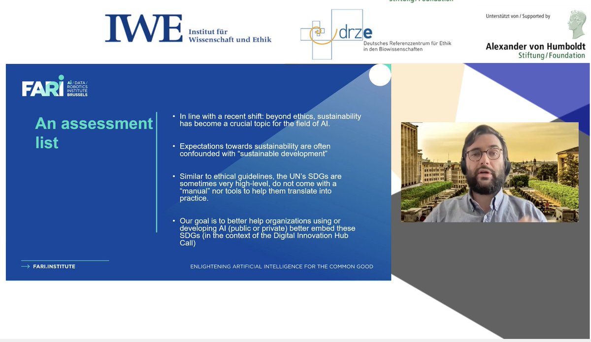 Institute for Science & Ethics (IWE) (@iwe_bonn) on Twitter photo ‘Ethical AI and Sustainable AI can learn from each other, sustainable AI allows us to go deeper into a different set of questions, namely those related to the environment.‘
<a href="/carlmorch/">Carl Mörch</a> gave us an interesting overview of the FARI Project – AI for the Common Good Institute.
#AI ‘Ethical AI and Sustainable AI can learn from each other, sustainable AI allows us to go deeper into a different set of questions, namely those related to the environment.‘
<a href="/carlmorch/">Carl Mörch</a> gave us an interesting overview of the FARI Project – AI for the Common Good Institute.
#AI