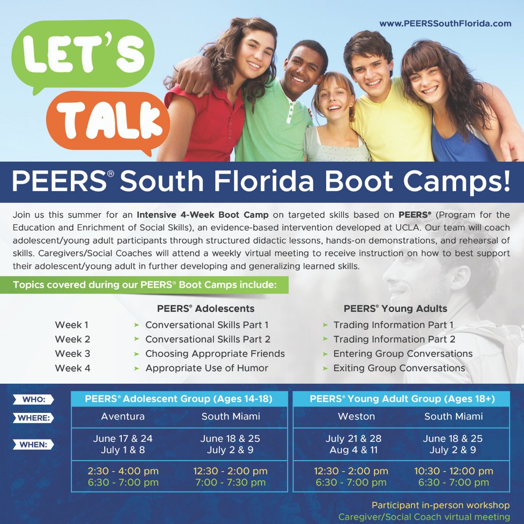 PediatricPsych's tweet photo. ⚠️ Attention!! PEERS Boot Camp Dates Begin Soon ⚠️ 

We are providing an *Intensive 4-Week Boot Camp* on targeted skills based on PEERS® (Program for the Education and Enrichment of Social Skills), an evidence-based intervention developed at UCLA. 

 Contact us today for ❓'s https://t.co/IPgkfTlF2V