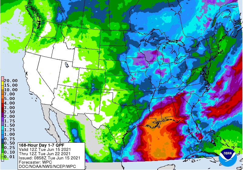 richmarketguy's tweet photo. Markets dropping again - harvest pressure on winter wheat πΎ plus rain in Corn Belt forecast. Wheat πΎ dn 10-20, corn π½ dn 7-14, soybeans π± dn 3-11 at the break. Dec corn right at 20-day MA. @naucountry #markets #DecCorn #7DayPrecip https://t.co/fLBbyics1C