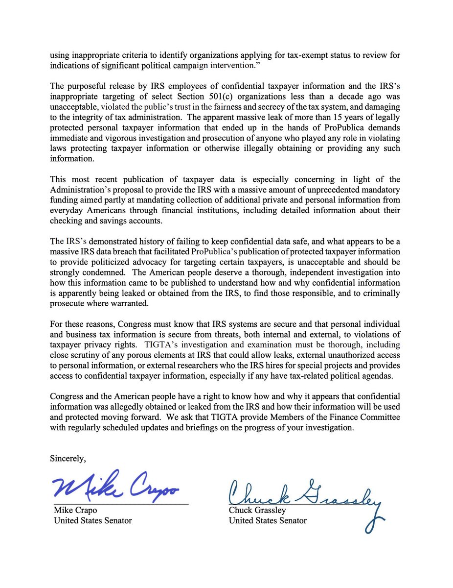 SenatorLankford's tweet photo. The massive leak at the IRS to ProPublica last week is a serious breach of privacy for Americans. @SenFinance Republicans are calling for an investigation into how confidential taxpayer info was released to the media. Full letter. https://t.co/hy1U5uoiou