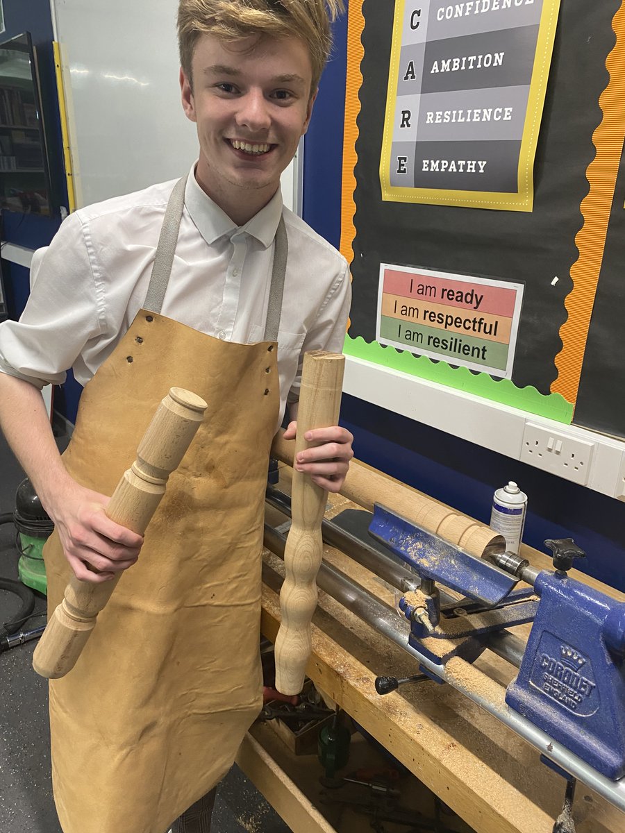 BevgrammarDT's tweet photo. Great to have one of our DT Y11 back doing work experience with us and perfecting his #woodturning skills. Taking inspiration from @matthewgalvin to create  legs for his diamond shaped #resin table https://t.co/TAEMVCVyDf. Cannot wait to see the finished article. @bevgrammar https://t.co/bfhIqdcK0D