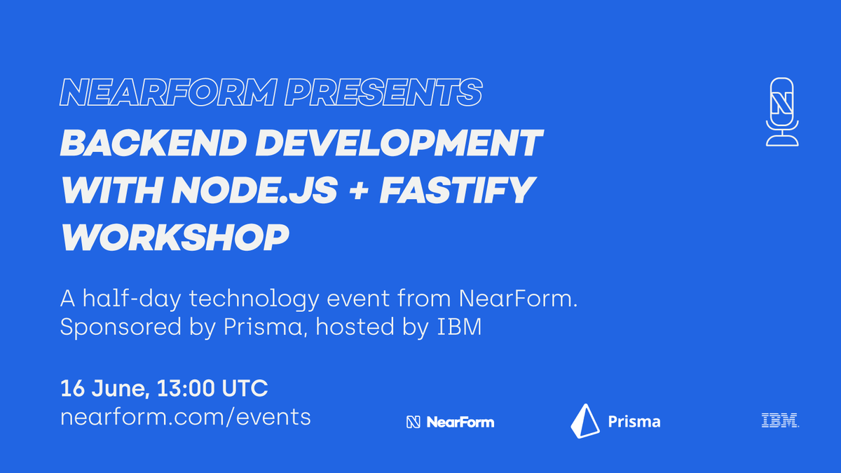 nearform's tweet photo. Registration for the NearForm Presents event: "Backend Development with Node.js + Fastify Workshop" closes at 12:30 UTC tomorrow.
Register here: https://t.co/B21a9EJMXT
#graphql #fastify #nodejs #javascript https://t.co/A8k9Sfk7Zp