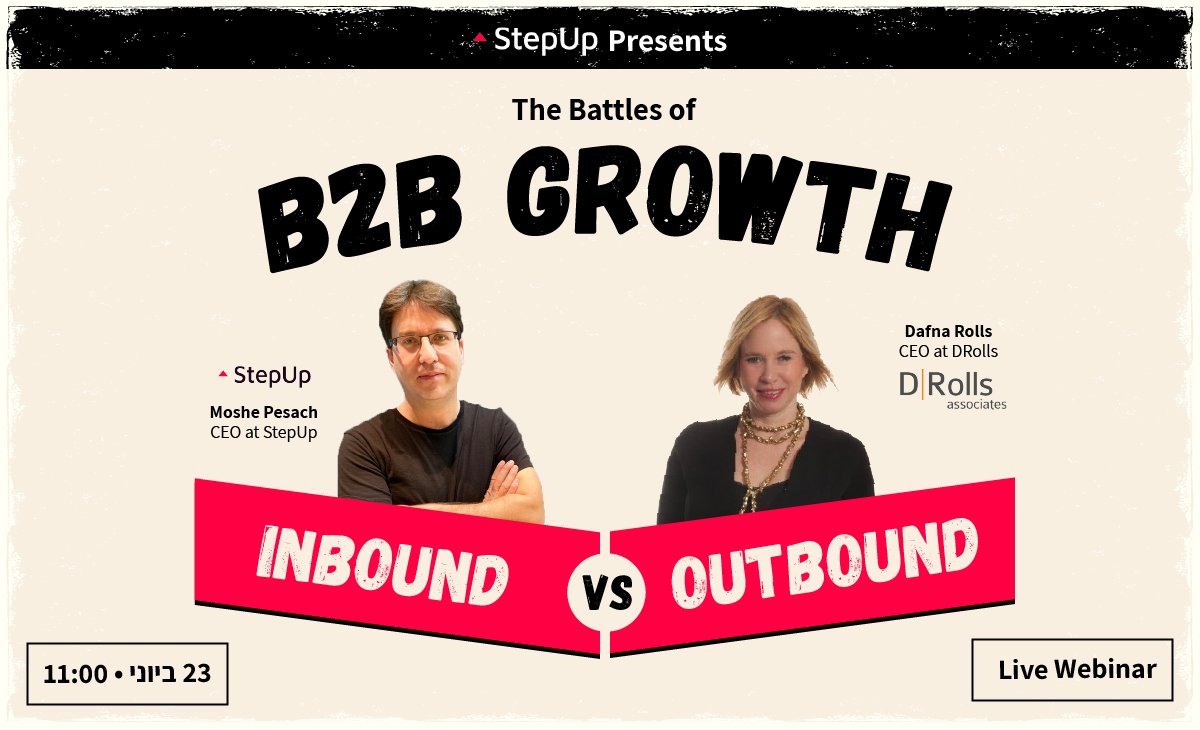 StepupandGrow's tweet photo. אנשי שיווק, האם אתם באמת מבינים את ההבדלים ביו שיווק אינבאונד לאאוטבאונד?

הצטרפו לוובינר הקרוב שלנו, בשיתוף עם חברת D|Rolls, נענה על כמה מהשאלות הבוערות ביותר היום אצל מנהלים שרוצים לייצר צמיחה מהירה בחברה שלהם. 
הזדרזו להירשם - מס׳ מקומות מוגבל! 
https://t.co/jvZ7wWIaCB https://t.co/DlDUTOhaTi