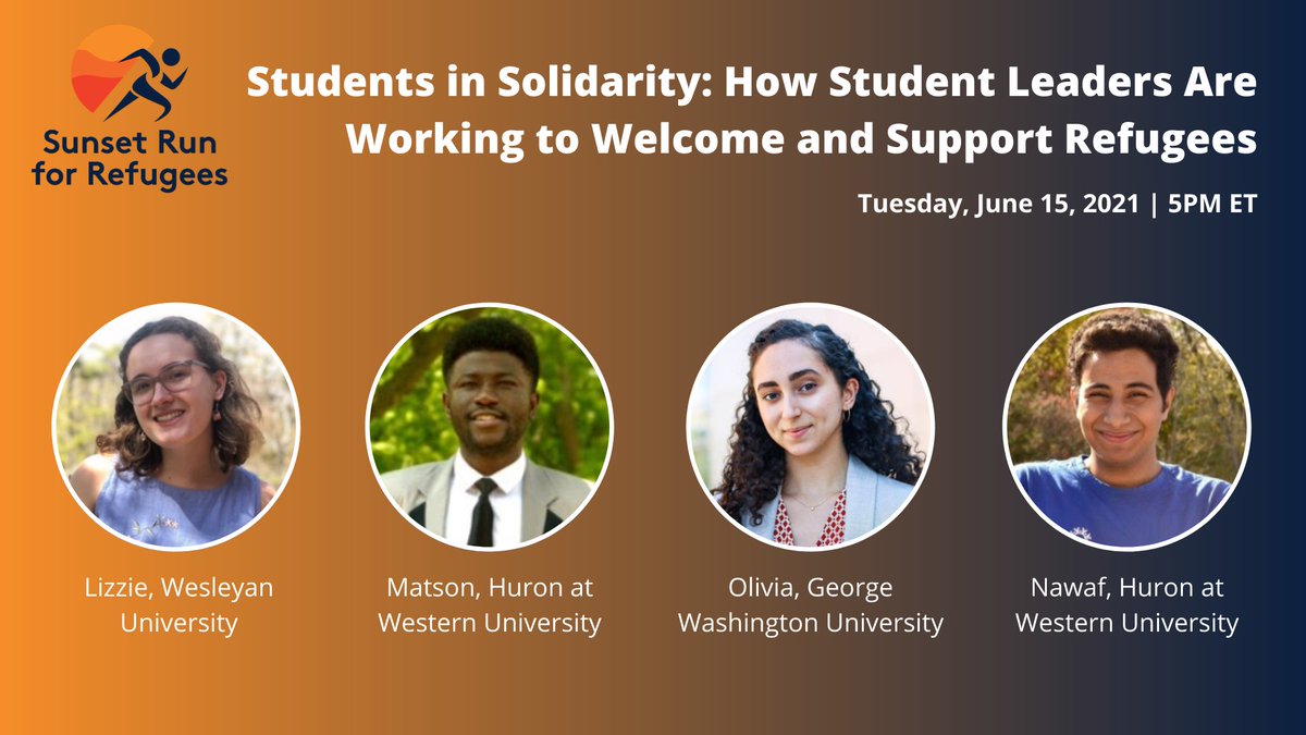RefugeeRun_DC's tweet photo. Ready to be inspired? Tune in TONIGHT at 5pm ET for a conversation with 4 student leaders who are taking action, welcoming refugees and advocating for change. 

Don't miss your chance to learn how you can join our welcoming movement! RSVP now: https://t.co/WpNY9bV5a1 https://t.co/zUrLlqbox0