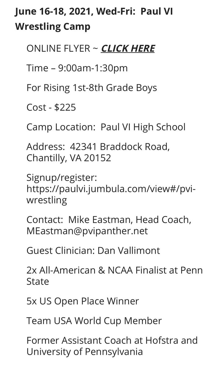 Wrestling camp opportunities for June 2021. Contact the coach to register.