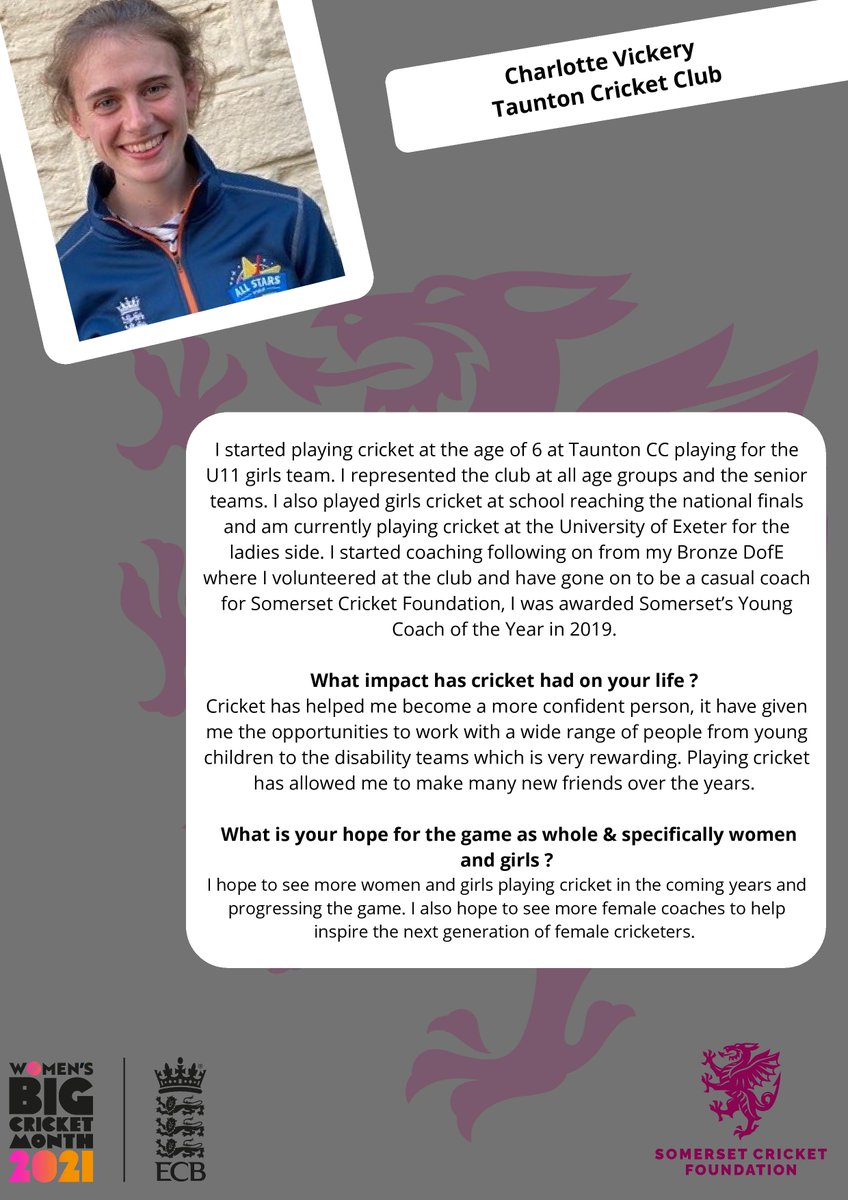SomCricketFDN's tweet photo. In celebration of #WomensCricketMonth  throughout the month we are profiling some of our fantastic coaches &amp; volunteers from across the county!

Next up is Charlotte Vickery, Charlotte has supported the development of girls cricket at Taunton CC and also support SCF 🏏👇 https://t.co/7JZpsA2eY5