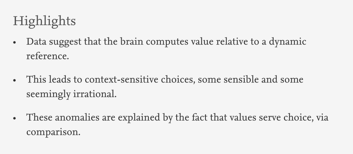 Check <a href="/coolhandlinds/">LindsayEleanorHunter</a>'s and <a href="/nathanieldaw/">Nathaniel Daw</a>'s "Context-sensitive valuation and learning". A review presenting several thought-proving insights on "why" reference-point dependence span serial (foraging) and simultaneous decisions 
👇
sciencedirect.com/science/articl…
