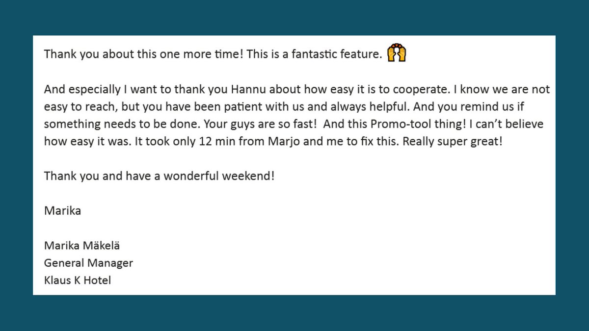 Check the feedback of our new promo tool! 🙏

Since last week, one of our customers are already selling over 500 €/day. 🚀

Learn more here: hotelway.ai/products/
 
#hotelway #chatbots #hospitalitytechnology #hoteltechnology #hotels #hotelchatbot #hospitalityindustry