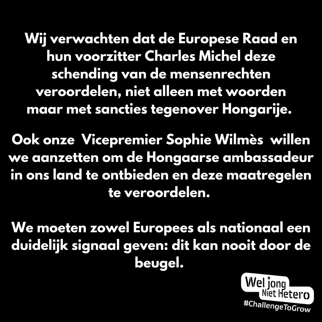 WelJong's tweet photo. @eucopresident @Sophie_Wilmes Hongarije schendt met deze aanval op LGBT+ personen de mensenrechten én de rechten van het kind. De tijd dringt om NU deze daden te veroordelen, zowel op Europees als op nationaal niveau. #WJNH #Hungary #LGBT https://t.co/8YRobby9vO