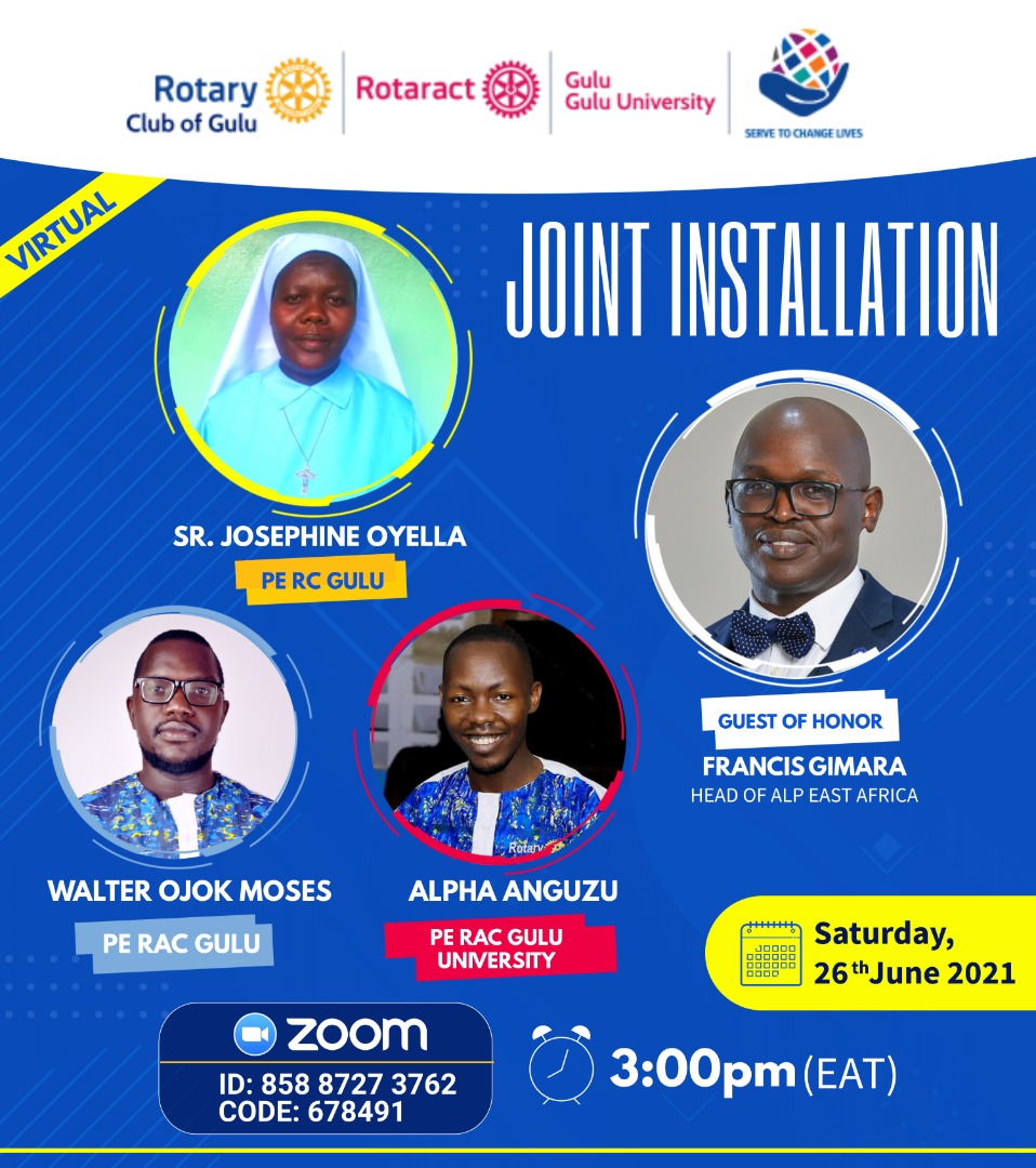 RotaractGuluUg's tweet photo. Due to the current prevailing health situation in the country, we had to cancel the physical event and have it virtual. Do mark the date and be sure to join us as we install our Presidents Elect.
#jointinstallation
@RctGulu, @ojokmozewalt @GuluRotary @Rotaract_D9211 @rotaryd9211 https://t.co/R9Dqajgm3b