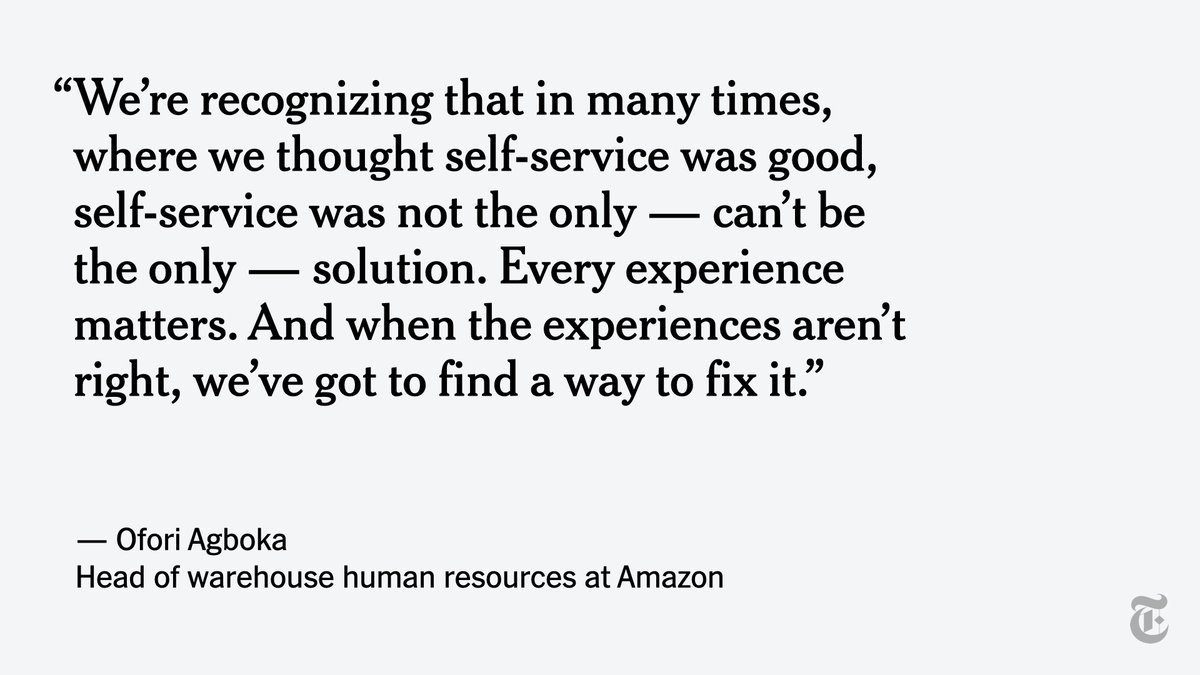 Amazon emphasized its strong pay and benefits, saying its approach worked for most. “Ninety-eight percent of everything’s going great,” said Ofori Agboka, an HR leader. Even so, he acknowledged that the company had over-relied on technology.  https://nyti.ms/3goAumo 