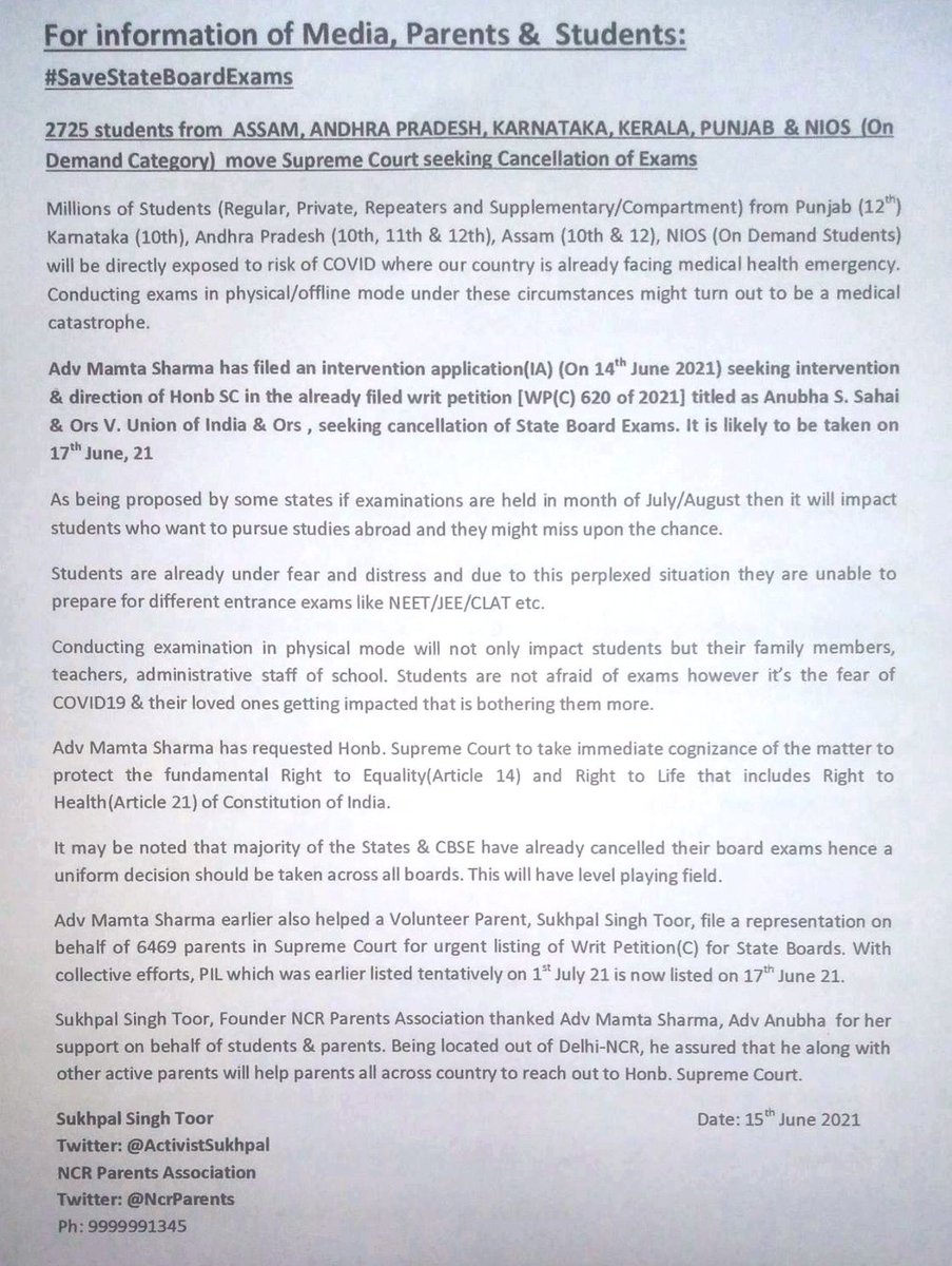 NcrParents's tweet photo. #SaveStateBoardStudents
📢 #Update: ASSAM,AP,KA,PB,KL, NIOS by @ActivistSukhpal 
Pls RT

Txs @AdvMamtaSharma Ma'am 🙏

@sajin_aktar
@STUDENTSDUNION
@niosunion 
@ParBen24 @NidhiTanejaa @time8news @nibirdeka @PragNews @DY365
@htTweets @TimesNow @ndtv @TOIIndiaNews @republic @aajtak https://t.co/p1ep71vlbg