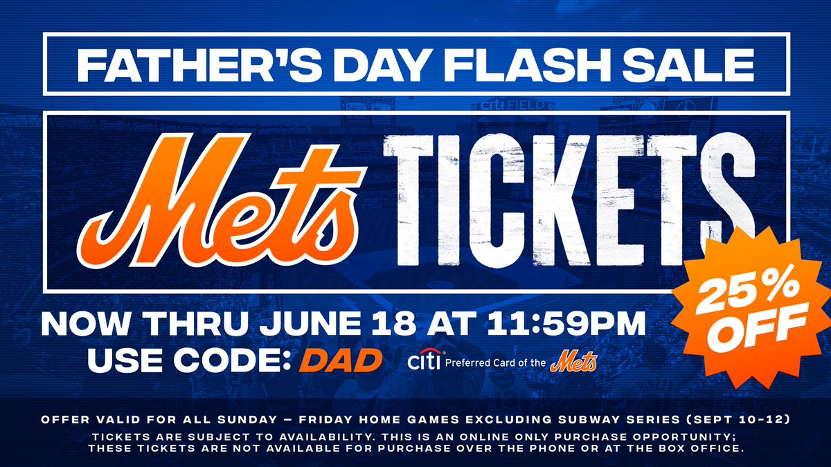 Give dad the gift of the #Mets with 25% off select tickets. 

Use code DAD at checkout 👉 atmlb.com/3q7LacF