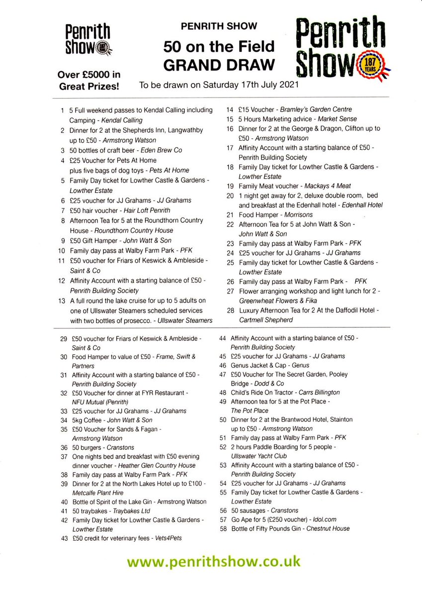 To celebrate 50 years on the “New” show field, 
<a href="/PenrithShow/">Penrith Show (UK)</a> are holding a prize draw... 

You can buy tickets at:

☕ John Watt &amp; Son – Carlisle 
🍷 Chestnut House – Pooley Bridge
🐮 <a href="/CarrsBillington/">Carr's Billington</a> – Penrith &amp; Carlisle 
👞 N Arnison &amp; Sons Ltd - Penrith

#ProudToSupport