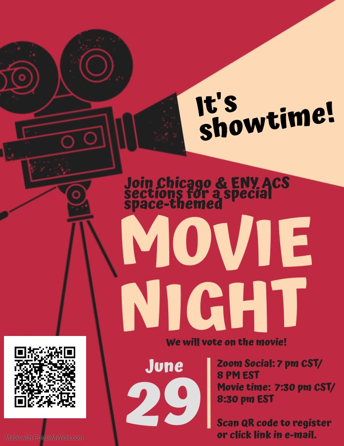 Join the @ChicagoACS and Eastern New York ACS sections for a special spaced-themed movie night, voted on by you! On Tuesday, June 29th, the zoom social will begin at 8:00 pm EST and the movie will start at 8:30 pm EST. #ACS 

Register:docs.google.com/forms/d/e/1FAI…