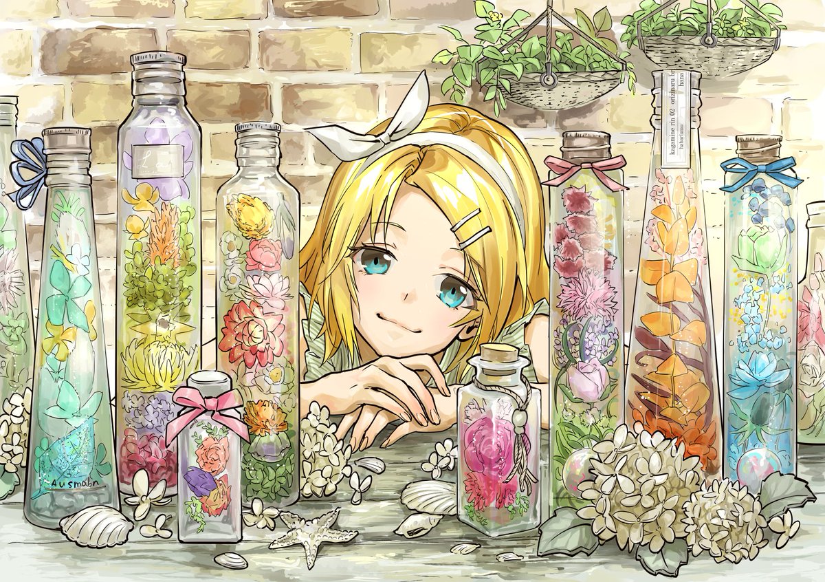 kagamine rin 1girl blonde hair solo flower bottle hair ornament hairclip  illustration images