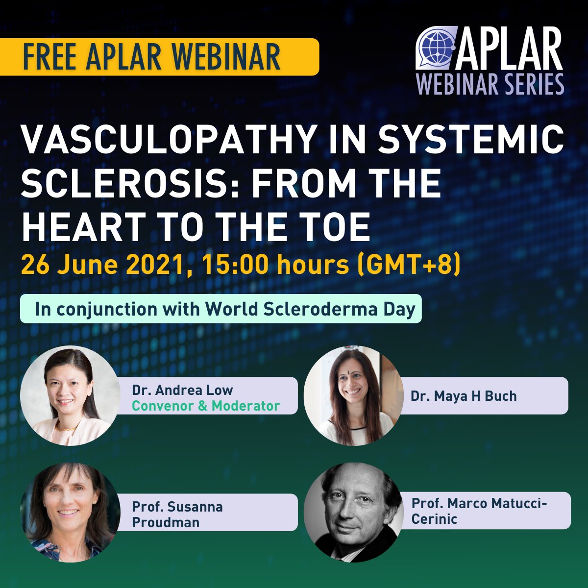 Join us for the APLAR Webinar on Scleroderma on 26 June 2021, in conjunction with World #Scleroderma Day. Topics from treatment approaches in SSc-associated pulmonary hypertension, evaluation & mgmt of digital ulcers in SSc & more. Register for FREE: aplarwebinars.delegateconnect.co/pages/aplar-we…