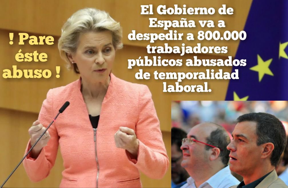 SOS from Spanish public temporary to <a href="/vonderleyen/">Ursula von der Leyen</a>
<a href="/EU_Commission/">European Commission</a>
<a href="/etuc_ces/">EUROPEAN TRADE UNIONS</a>
800,000 illicit public temporary
🚨Spain doesn`t  comply :
📌European directiva 1999/70/CE 
📌 STJUE March 19, 2020
📌ATJUE June 2, 2021
📌STJUE June 3, 2021
#SOSvonderleyen
#FijezaYaEsConstitucional
