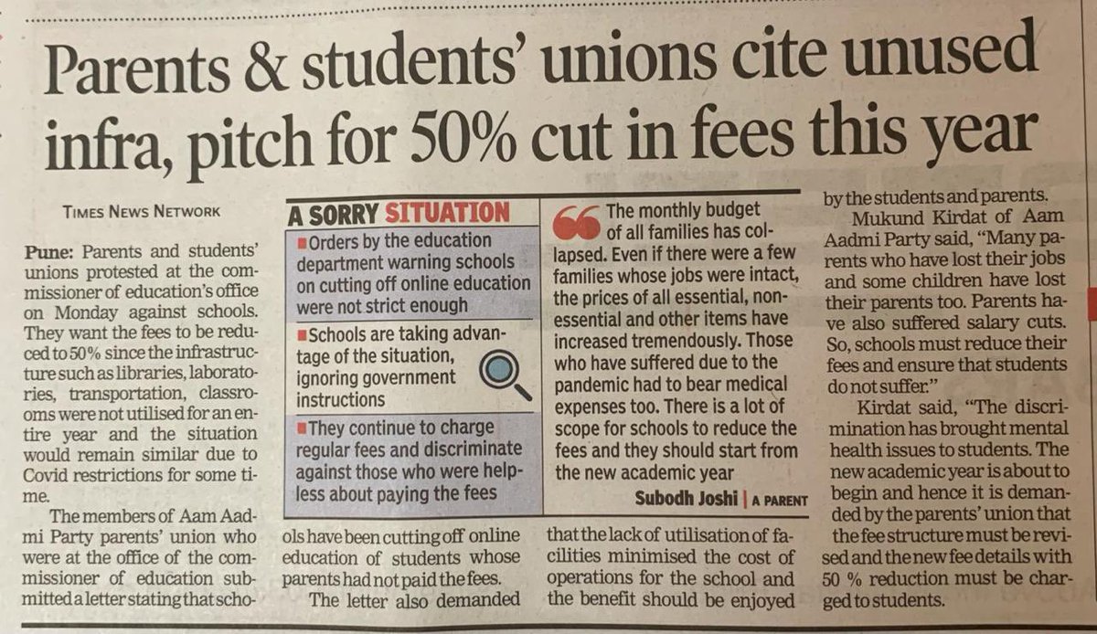 parents_pune's tweet photo. Parents and student’s unions cite unused infrastructure and pitch for 50% cut in fees this year https://t.co/yhmLrWvMfp