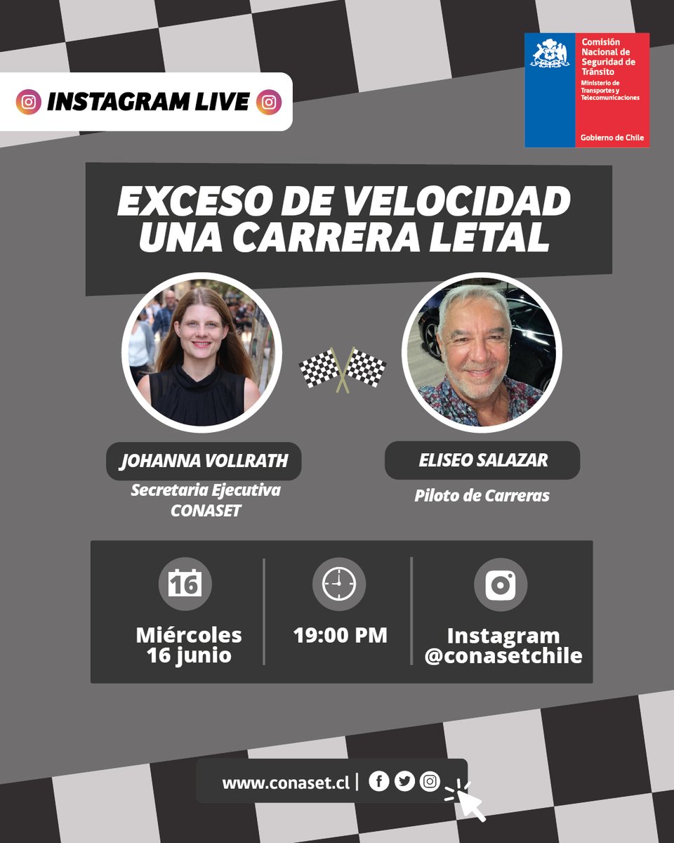 conaset's tweet image. 🏁 ¡IMPERDIBLE! 🏎 | Mañana miércoles 16 de junio, conversaremos con el gran @eliseosalazar, reconocido piloto de carreras a nivel mundial sobre la velocidad y sus consecuencias en el tránsito. 
🕖 #Conectémonos desde las 19:00 horas por Instagram LIVE. ¡Te esperamos!😉