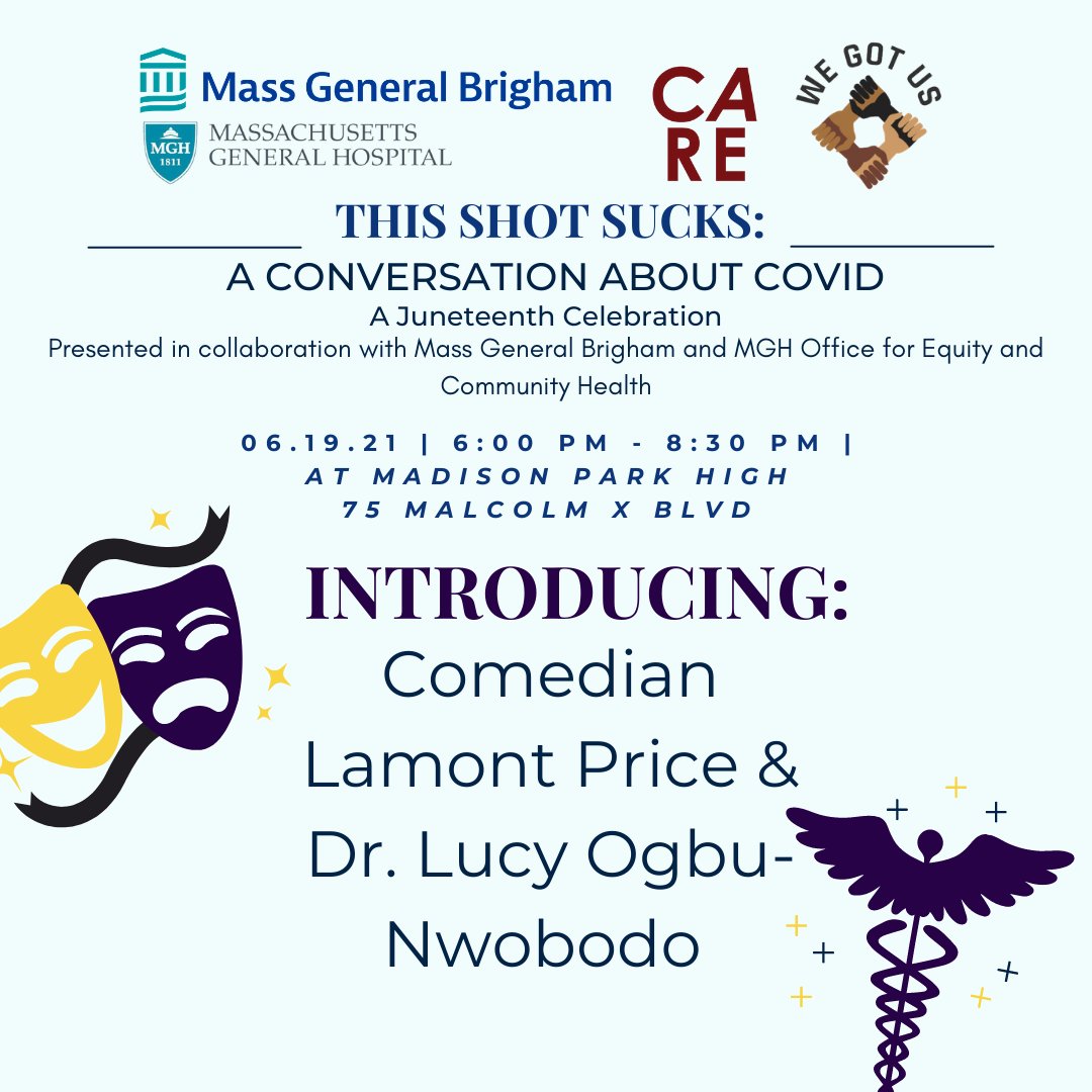 wegotusproject's tweet photo. Meet doctor Lucy Ogbu-Nwobodo &amp; comedian Lamont Price who will be presenting at our Juneteenth comedy event! RSVP to this event through our Facebook event here!
https://t.co/Yfw7gVmwJm https://t.co/fRs6R2oiY3