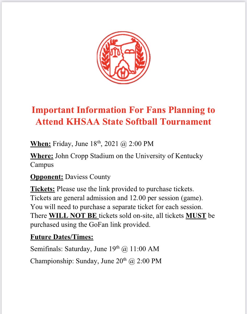 Please see information and link below for tickets and times for fans attending the KHSAA state softball tournament this weekend.                                                             gofan.co/app/school/KHS…