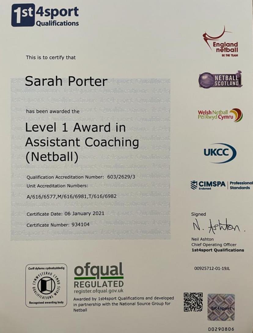 We have so much talent in this club. Well done Sarah Porter on achieving your coaching qual with Welsh Netball 👏 🙌